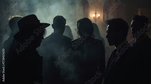 Dark silhouettes of people meeting in a smoke-filled room - an atmosphere of mystery