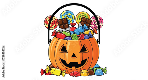 A Halloween pumpkin bucket overflowing with assorted candies and lollipops, with some candies spilled around the base.