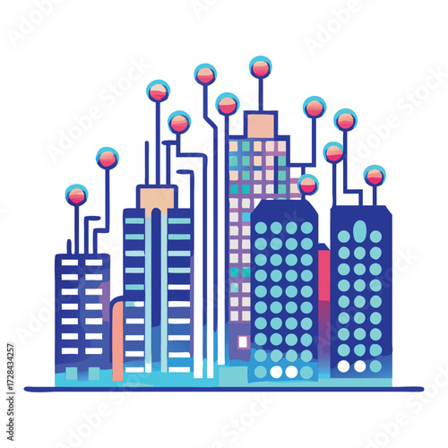 Smart City: A futuristic cityscape is interconnected with a network of digital pathways, symbolizing the integration of technology and urban life, promoting efficiency.