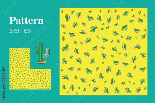 Vibrant yellow background featuring a cheerful, playful seamless pattern of scattered green cactus illustrations, ideal for lively tropical designs and summer-themed projects