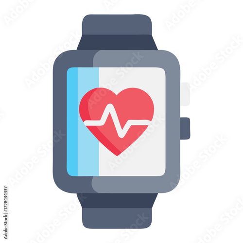 Smartwatch with Heart Rate Display: A sleek smartwatch showcases a vibrant display of a red heart with a white electrocardiogram, set against a pristine screen