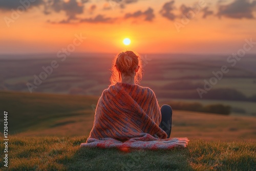 Woman sitting on hill watching warm sunset over valley landscape