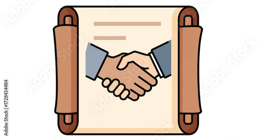 Illustration of a handshake on a scroll, symbolizing agreement and partnership.