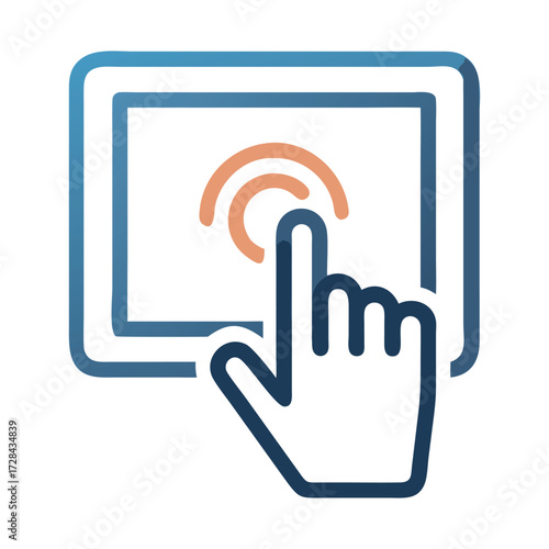 Touchscreen Interaction: A clean, modern vector illustration depicts a hand interacting with a tablet's touchscreen, highlighting user engagement with technology.