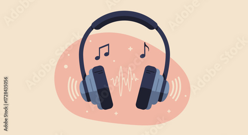 An iconic flat design vector illustration of modern over-ear headphones, symbolizing personal music enjoyment with abstract sound waves and musical notes. 