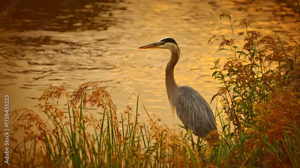 Fototapeta premium Heron standing in reeds by calm lake, showcasing elegance and tranquility in wild landscape.