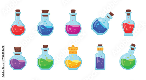 A collection of ten cartoon-style glass potion bottles filled with colorful liquids and sealed with cork stoppers.