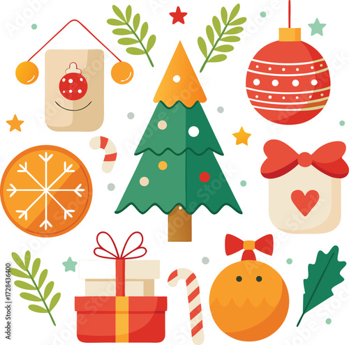 Vector art of a delightful arrangement of christmas symbols, including a gingerbread star, decorated tree, gift boxes, ornaments, and candy canes, isolated on a