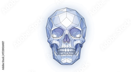 Geometric illustration of a human skull, showcasing a low-poly design with intricate details and shading.