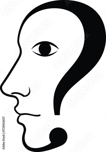 Question mark shaped like a human head with an eye isolated on white background, symbolizing introspection and curiosity
