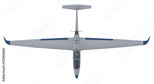 Isolated single engine plane aircraft, with wings extending and tail assembly overhead view