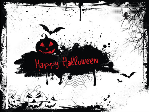 Black Ink Style Happy Halloween Greeting with Bat and Spider Design