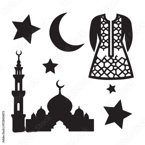  Set of Eid Al Fitr Celebration Icon Silhouettes Featuring Mosque Moon Star.