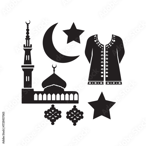  Set of Eid Al Fitr Celebration Icon Silhouettes Featuring Mosque Moon Star.