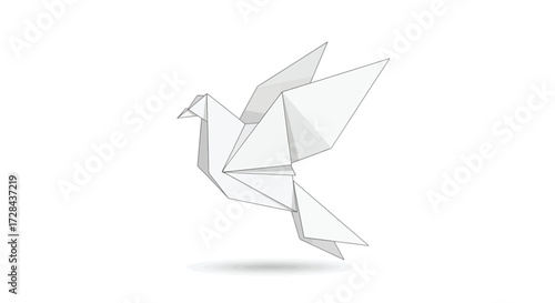 A detailed illustration of a white origami dove in flight, showcasing geometric paper folding.