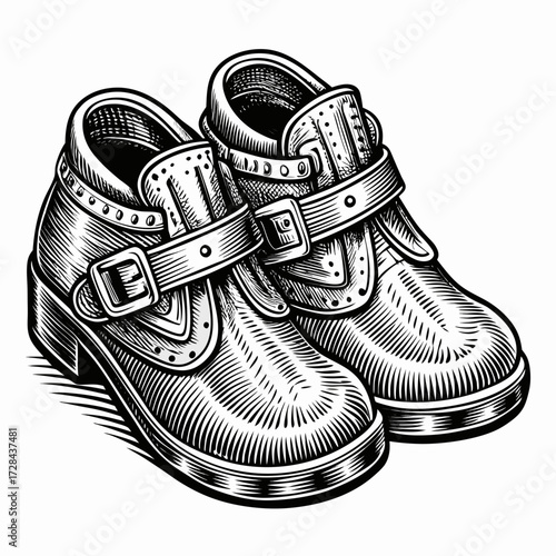 Engraved pilgrim shoes with buckles vector illustration rustic style scalable graphic art
