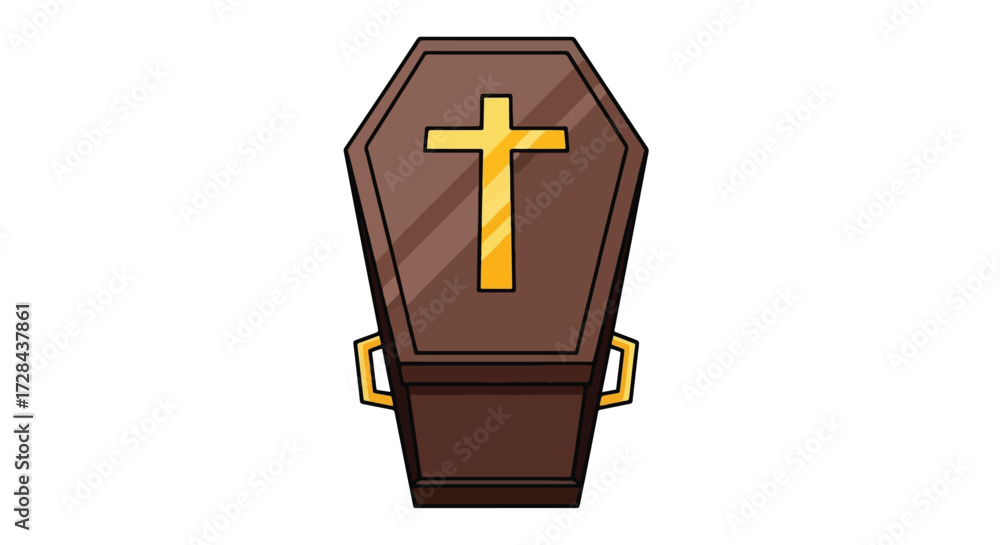 Obraz premium A cartoon illustration of a brown coffin with a golden cross on top, symbolizing death and religious burial.