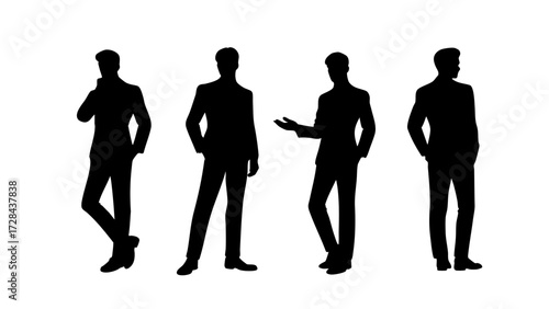 Set Silhouettes of four tall men in suits standing in different stylish poses, modern and elegant design