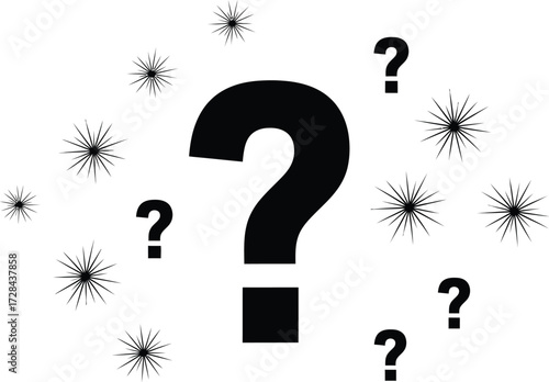 A black question mark surrounded by stars isolated on white background concept of many questions and uncertainty