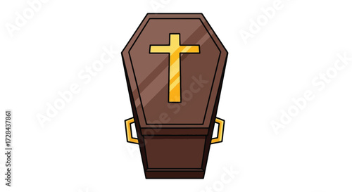 A cartoon illustration of a brown coffin with a golden cross on top, symbolizing death and religious burial.