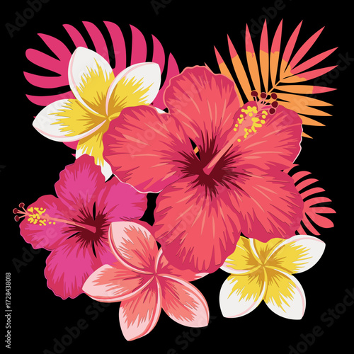 Tropical flower bouquet in vibrant colors against a black background. A colorful arrangement of hibiscus and plumeria blossoms with tropical leaves.