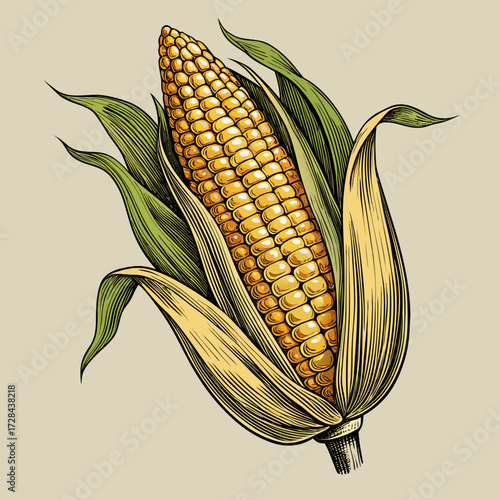Detailed engraved sketch of rustic corn on the cob vector illustration scalable graphic for harvest and food designs