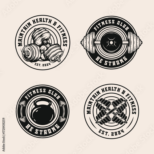 Vintage Fitness Badge Set with Dumbbell, Barbell, and Kettlebell Icons for modern gyms and athletic brands