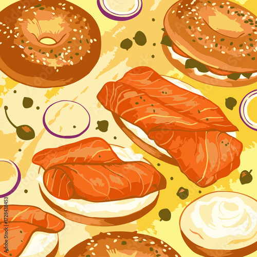 Lox bagel sandwiches and bagels arranged on a yellow surface. A variety of toppings are dispersed across the image. Food photography for a bagel shop or restaurant. New York City.
