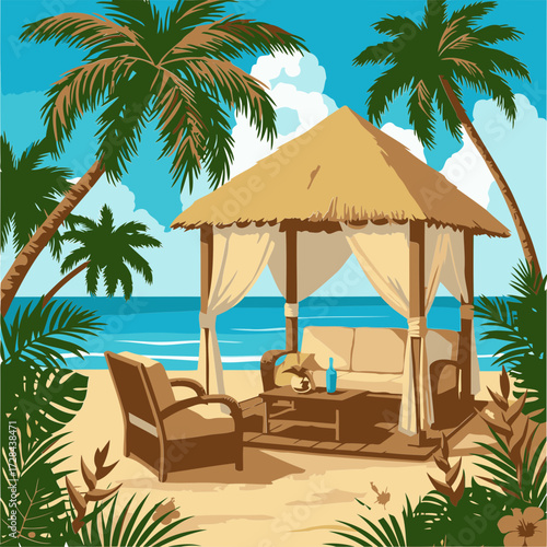 Tropical beachside gazebo with wicker furniture and a view of the ocean.