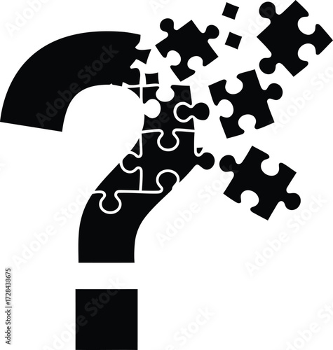 Question mark made of puzzle pieces isolated on white background representing a problem or solution