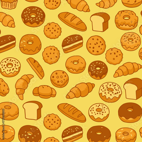 Bakery products pattern with various types of bread, pastries, and donuts in a vibrant yellow background.