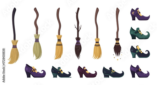 A collection of cartoon witch brooms and pointed shoes with buckles, isolated on a white background for Halloween designs.