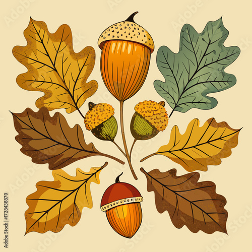 Detailed hand drawn acorns and oak leaves retro vector illustration scalable svg eps