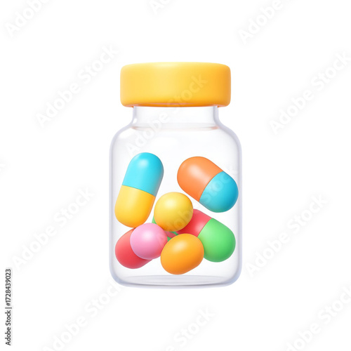 Colorful pills in a transparent bottle isolated on transparent background