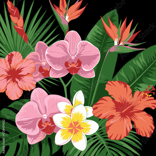 Tropical flower arrangement with vibrant colors and lush foliage. Detailed illustration of orchids, hibiscus, plumeria, and birds of paradise flowers on dark background.
