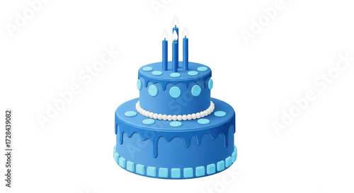 Isolated blue birthday cake with candles, two-tiered, party celebration, dessert sweetness