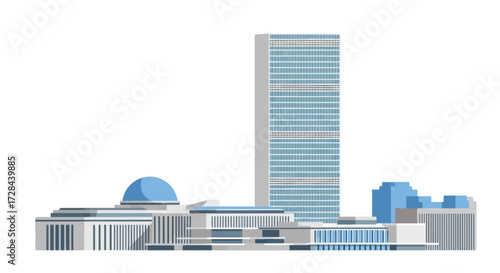 A minimalist architectural illustration of the United Nations Headquarters complex in New York City.