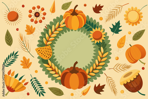 Thanksgiving harvest wreath pattern with pumpkins acorns wheat and fall leaves vector illustration