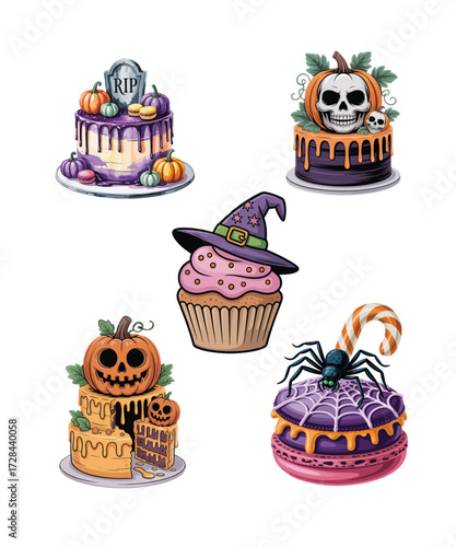 Spooky Halloween Cakes and Cupcakes Illustration Set