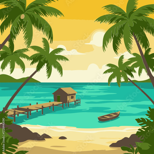 Tropical beach scene with wooden pier and hut. Peaceful sunset view with palm trees and calm water. Tourist destination illustration -