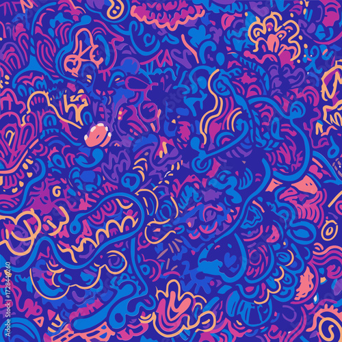 Abstract pattern with vibrant colors and intricate designs. Colorful doodle style pattern with no specific subject or action.