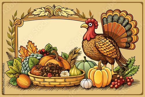 Vintage thanksgiving engraving with turkey harvest feast and decorative frame vector illustration