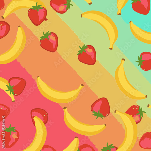 Fruit pattern with vibrant color gradient. Fresh strawberries and bananas in a colorful, vibrant layout.