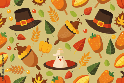 Seamless thanksgiving pilgrim hat acorn pumpkin leaf pattern vector illustration scalable graphic design