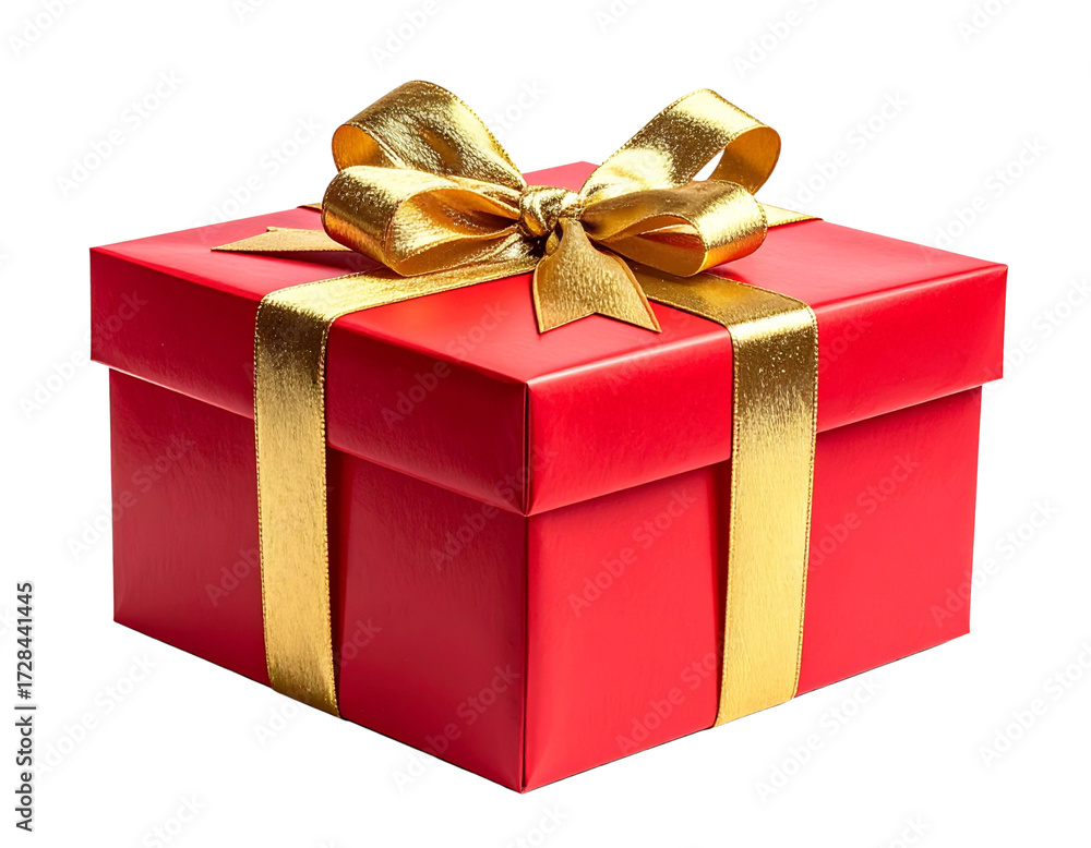 Obraz premium Open Red Christmas Gift Box with Peeked Contents, Angled Side View, isolated