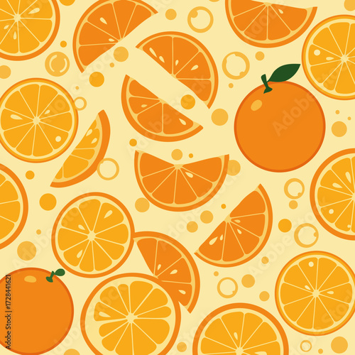 Wallpaper Mural Orange fruit slices pattern on pale yellow background. A vibrant, stylized design of various orange slices and whole oranges. Torontodigital.ca