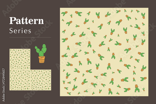 Charming and vibrant seamless pattern featuring stylized green cacti and potted succulents on a neutral background, ideal for textile design, digital scrapbooking, or playful decor projects