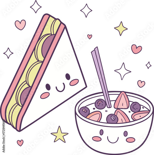 Whimsical cartoon breakfast with sandwich and berry bowl