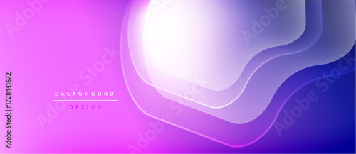 Abstract purple background features flowing layers, soft gradients. Minimal text indicates design elements. Modern, vibrant aesthetic.