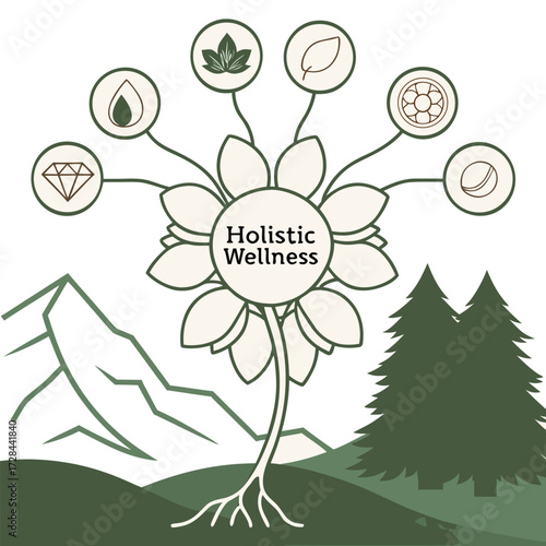 Vector illustration of holistic wellness flower with diamond, leaf, drop, and seed icons representing natural and alternative therapies, holistic wellness